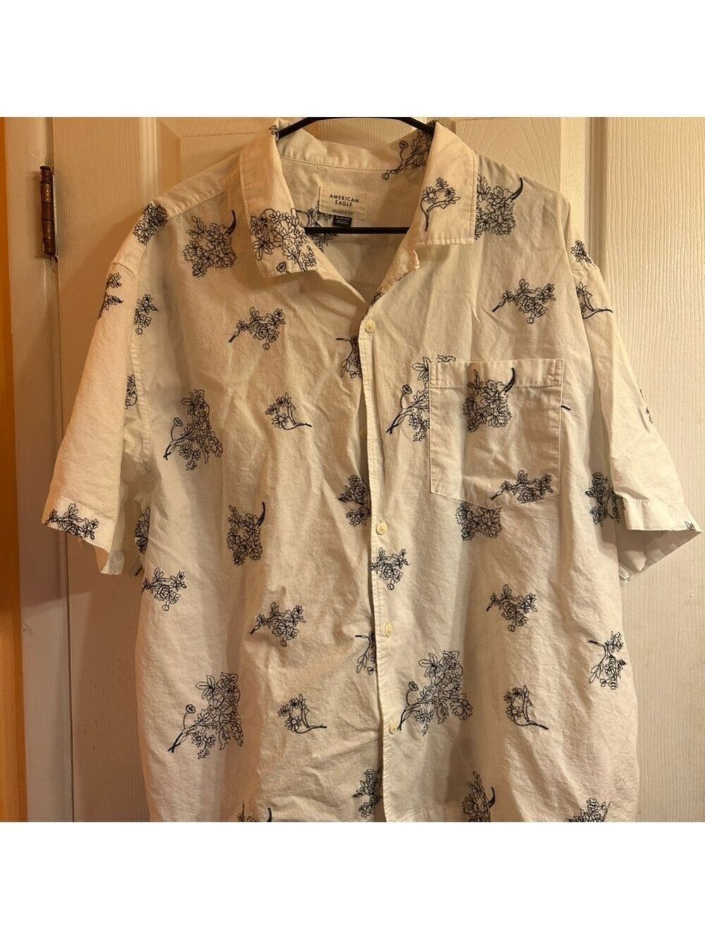 American Eagle Outfitters Cream and Blue Floral Men's Shirt